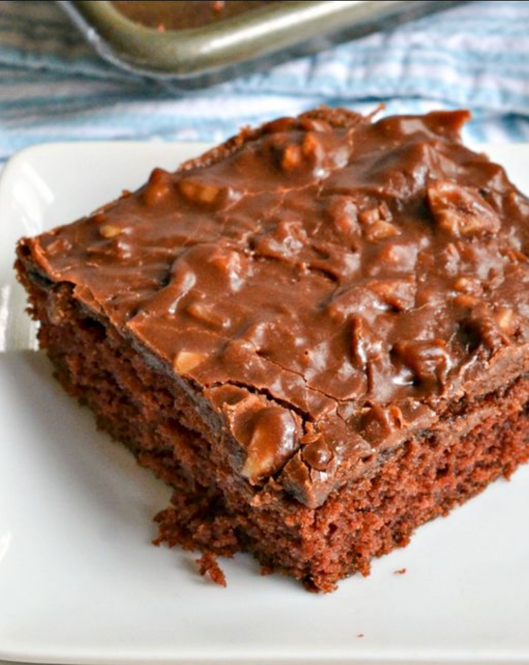 Texas Sheet Cake - A delectable chocolate cake topped with pecan-infused frosting.