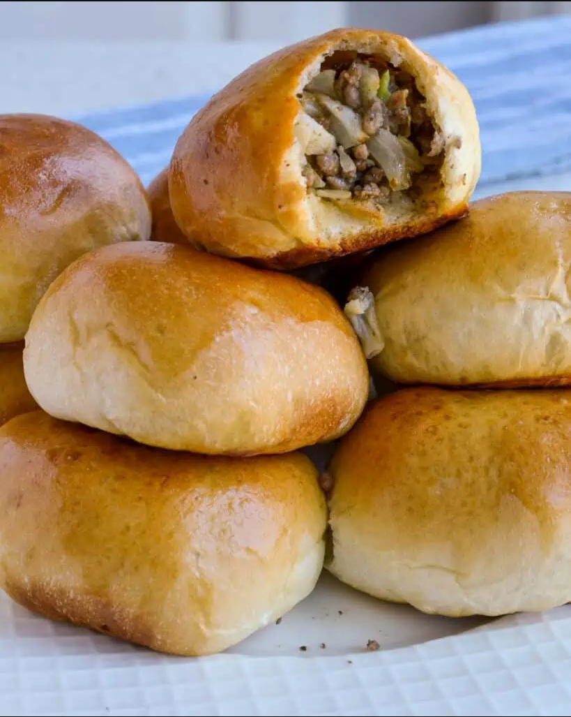 "Nebraska Runza - A golden-brown, flavorful hand-held delight made with frozen bread dough."