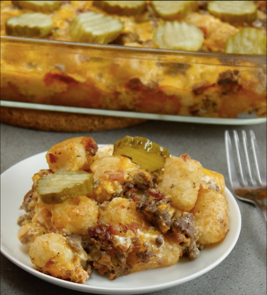 "Bacon Cheeseburger Tater Tot Casserole - A cheesy, hearty dish ready to be enjoyed."