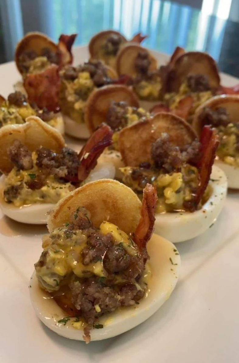 Maple Glazed Breakfast Deviled Eggs with Sausage and Bacon