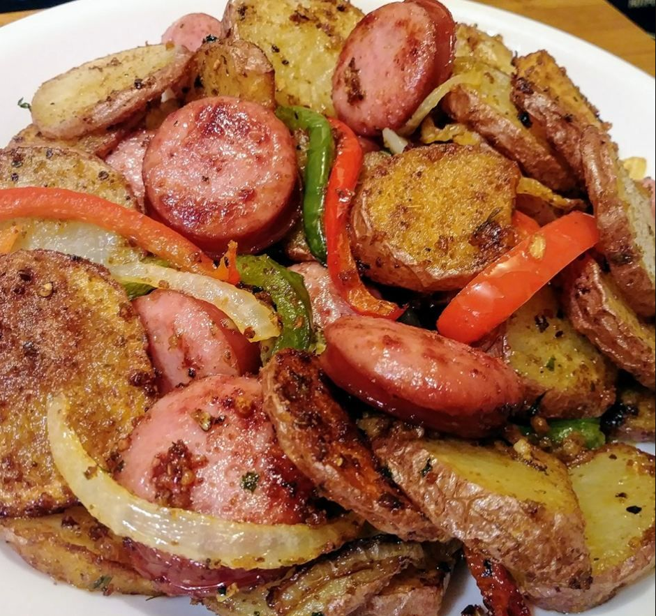 Fried Potatoes and Onions Peppers with Smoked Sausage - Aromatic, wholesome, and quick recipe for a delightful meal.