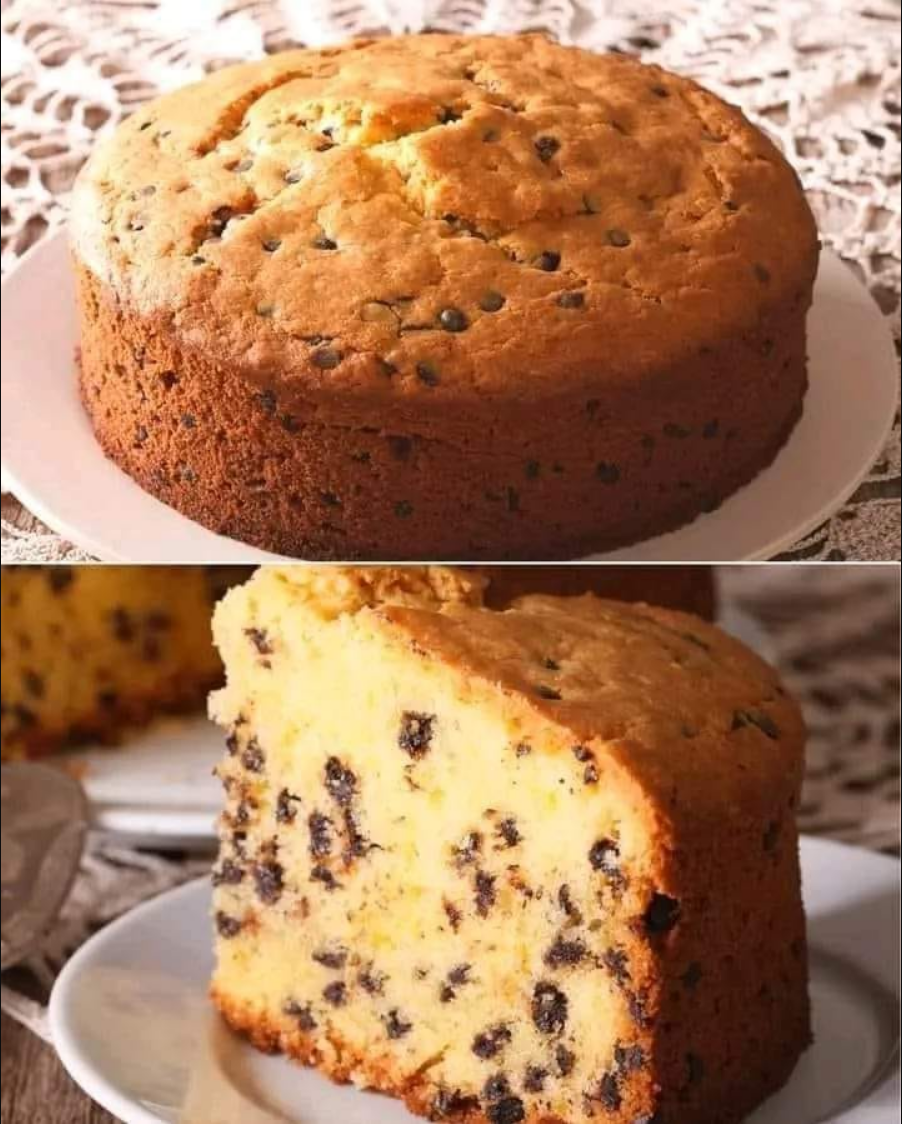 Banana Cake with Chocolate Chips displayed on a plate, showcasing the moist texture and chocolate chips.