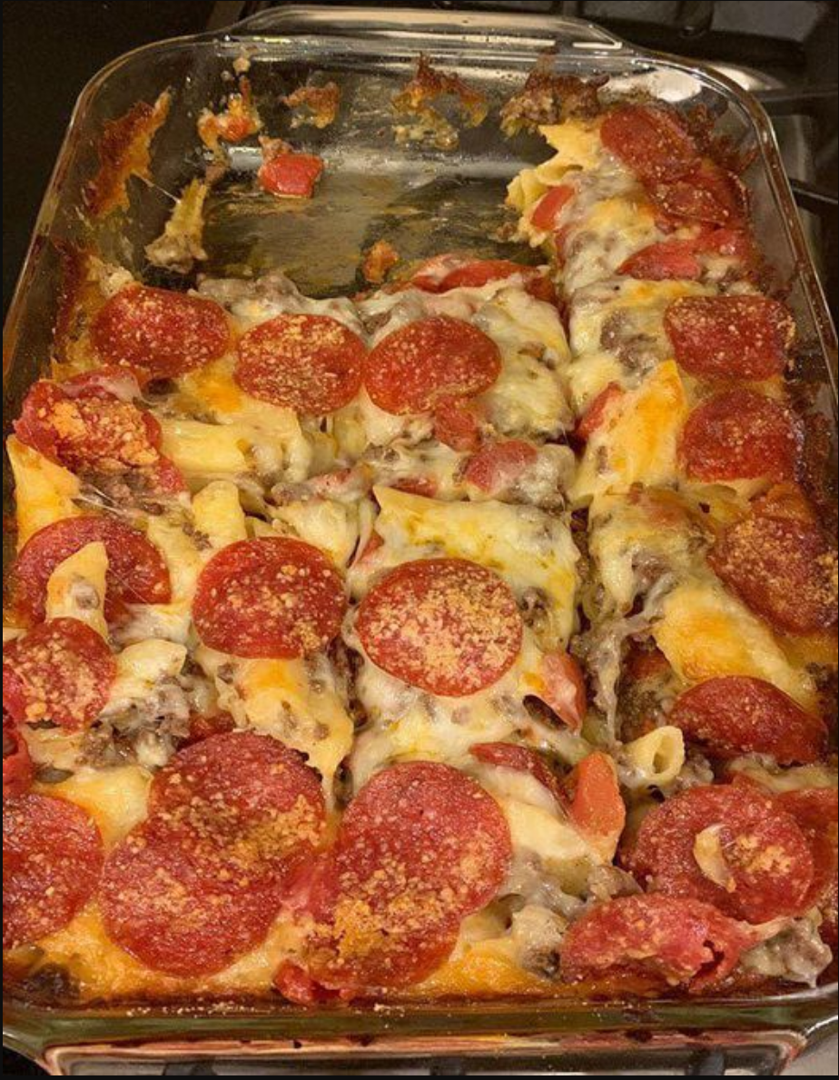 "Pepperoni Pizza Casserole in a baking dish, golden and cheesy."