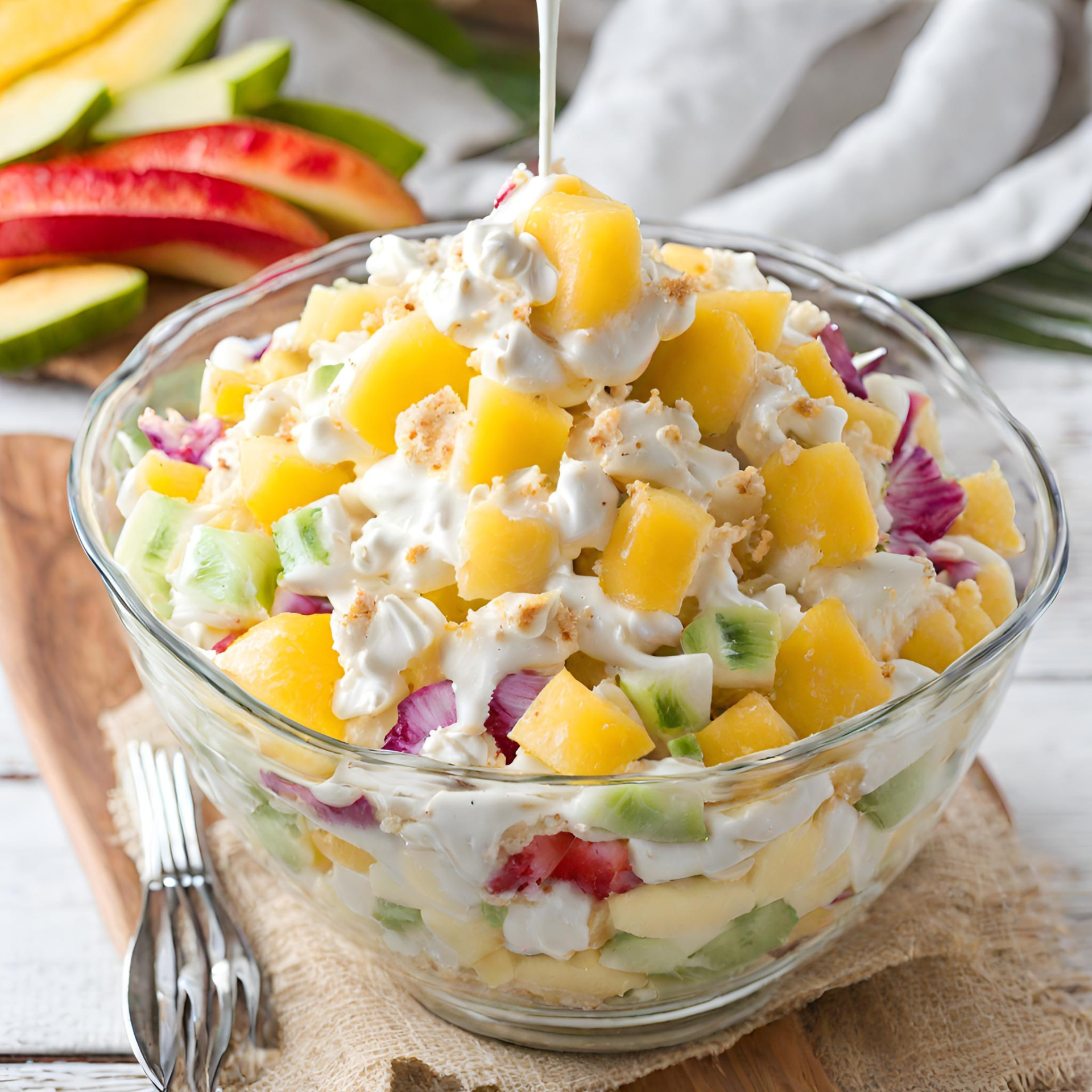 Hawaiian Cheesecake Salad – A vibrant fruit salad with strawberries, mandarin oranges, pineapple, kiwi, bananas, grapes, and a luscious cheesecake mixture.